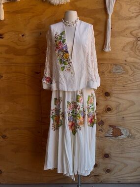 Hand painted Cotton & Crochet 2 piece Skirt Set / Jacket and Full Skirt